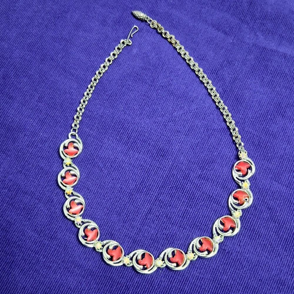 Vintage Charel Cherry Moonglow Necklace Thermoset Hook Closure Silvertone - Picture 5 of 17